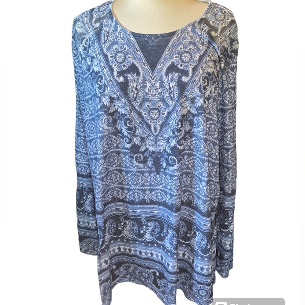 Cato blouse long bell sleeves round neckline rhinestones patterned size XLarge